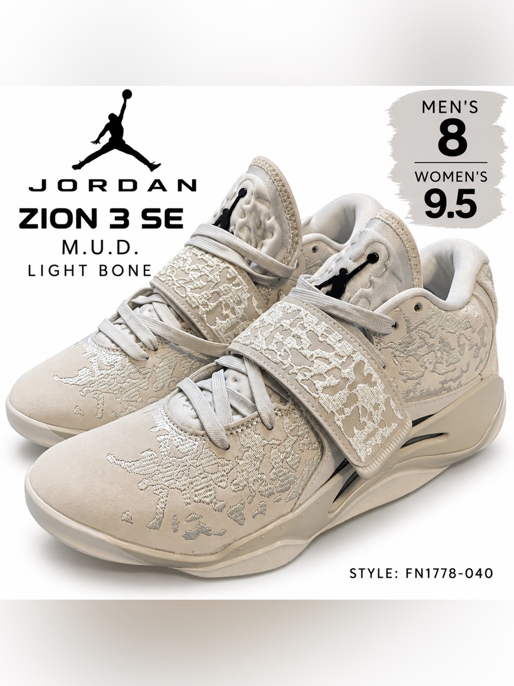 Jordan Zion 3 SE M.U.D. Light Bone Men’s 8 / Women’s 9.5 FN1778-040 NWOB